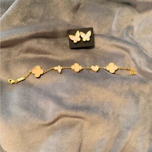 Gold Tone Pink Enamel Clover & Butterfly Bracelet and Earring Set